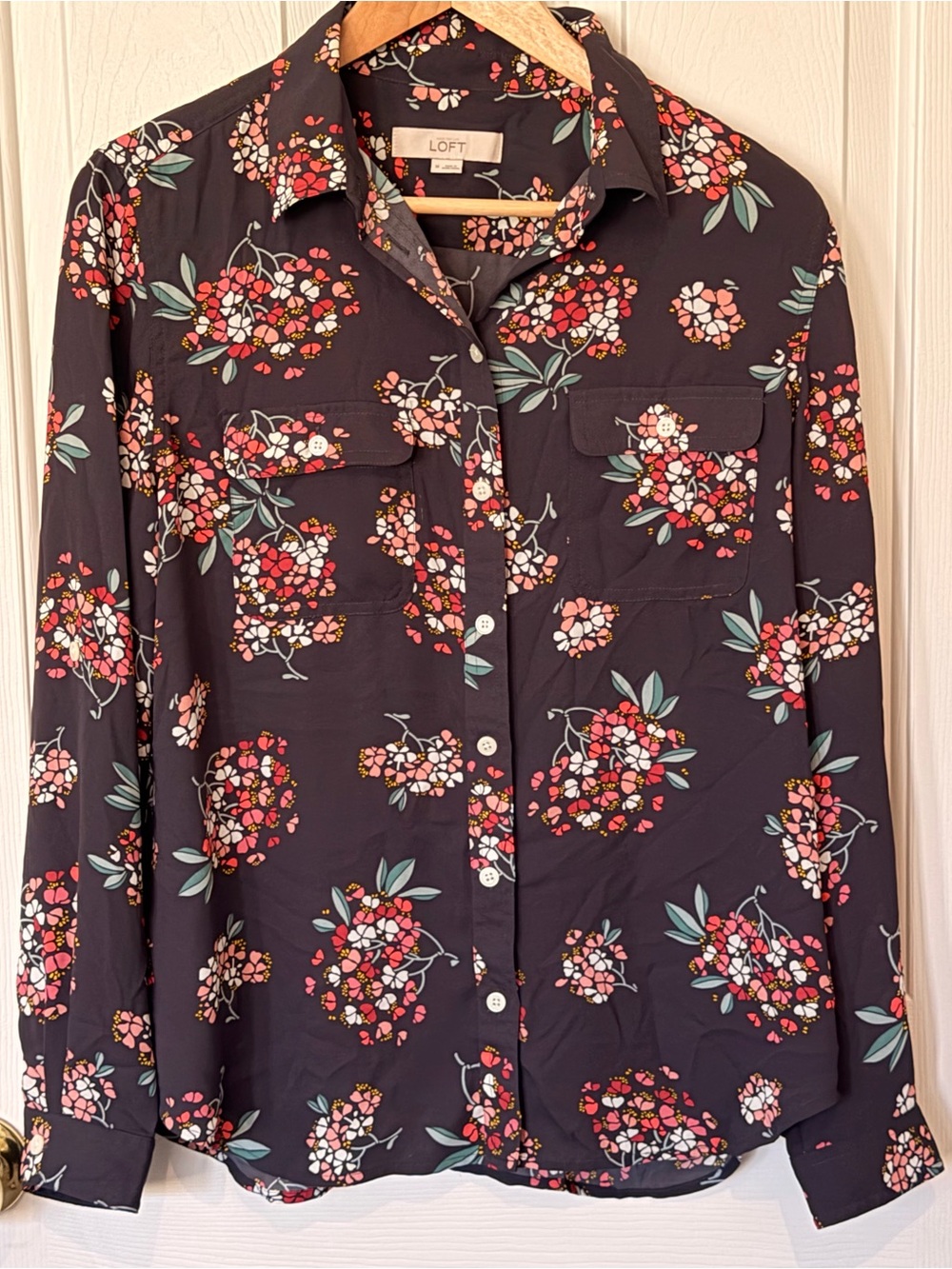 LOFT Black Floral Button-Up Blouse